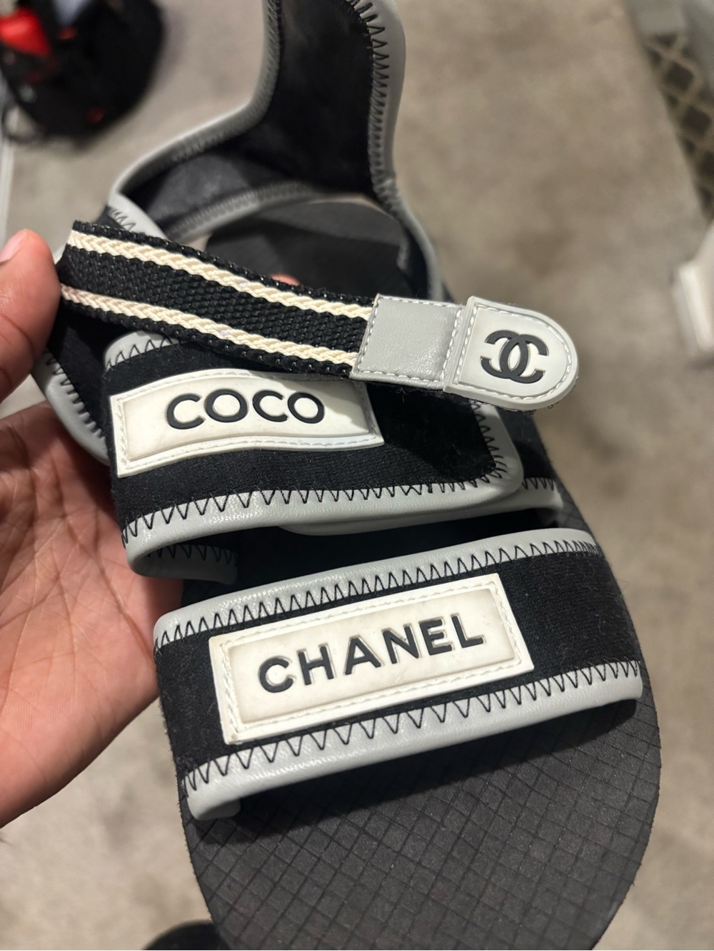 CHANEL Black and White Logo Strap Women’s Sandals